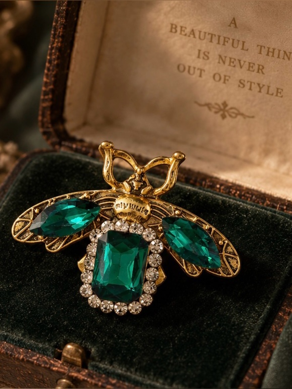 Art Nouveau Emerald Bee Brooch with Luminous Green Stones